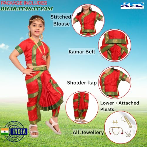 Kaku Fancy Dresses Bharatnatyam Dress For Kids With Jewellery Set For Dance Costume Outfit With Accessories - Red, 10-12 Years, Girl - Image 3
