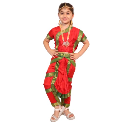 Kaku Fancy Dresses Bharatnatyam Dress For Kids With Jewellery Set For Dance Costume Outfit With Accessories - Red, 10-12 Years, Girl - Image 1