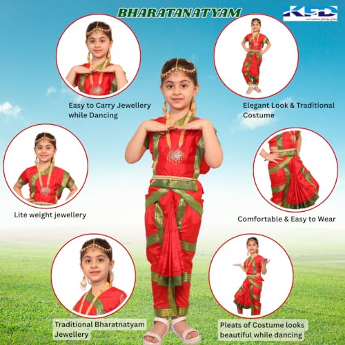 Kaku Fancy Dresses Bharatnatyam Dress For Kids With Jewellery Set For Dance Costume Outfit With Accessories - Red, 10-12 Years, Girl - Image 2