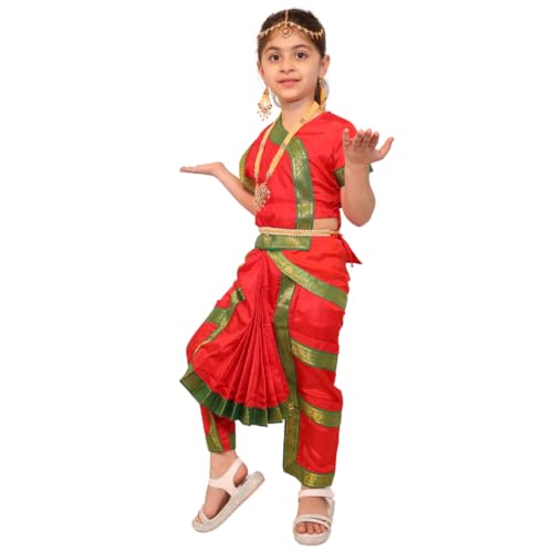 Kaku Fancy Dresses Bharatnatyam Dress For Kids With Jewellery Set For Dance Costume Outfit With Accessories - Red, 10-12 Years, Girl - Image 5