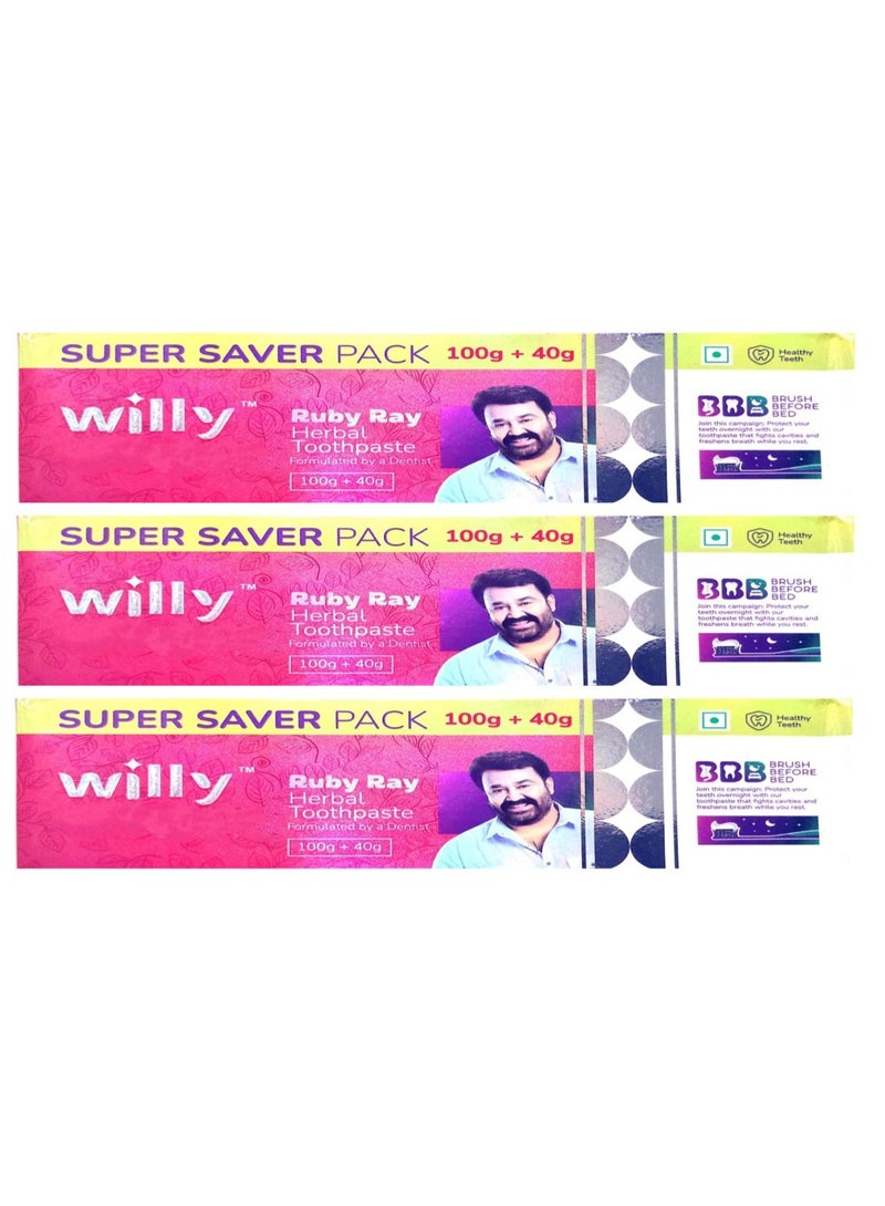 Willy Ruby Ray Herbal Toothpaste Super Saver Pack 140g (100g + 40g) – Pack of 3 - Image 1