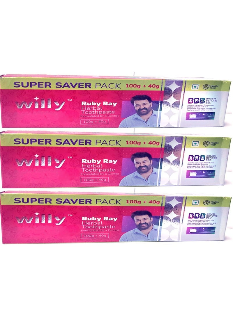 Willy Ruby Ray Herbal Toothpaste Super Saver Pack 140g (100g + 40g) – Pack of 3 - Image 2