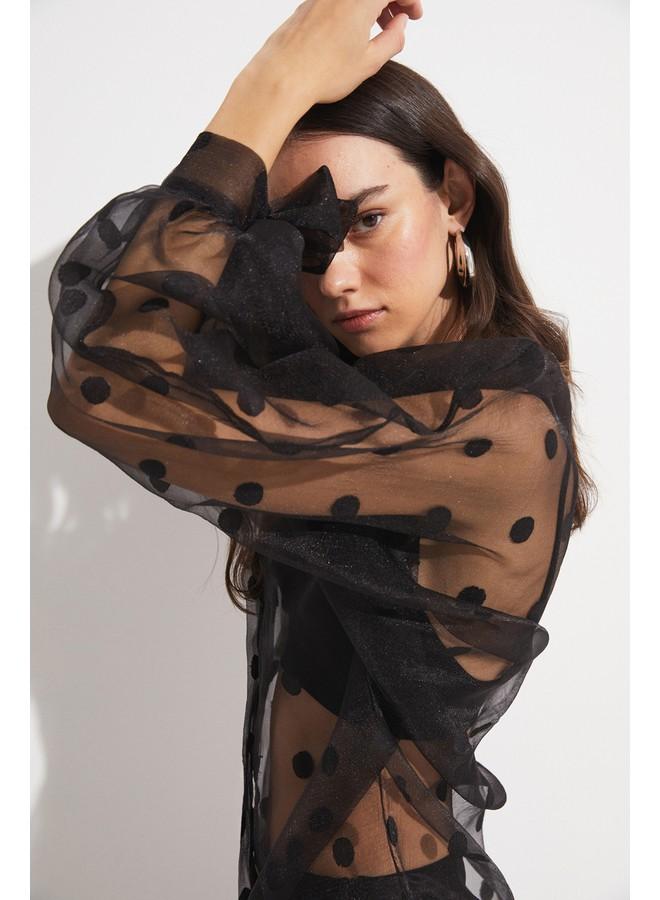 June Women Exclusive Regular Normal Fit Balloon Sleeve Black Transparent Polka Dot Detailed Shirt Black - Image 1