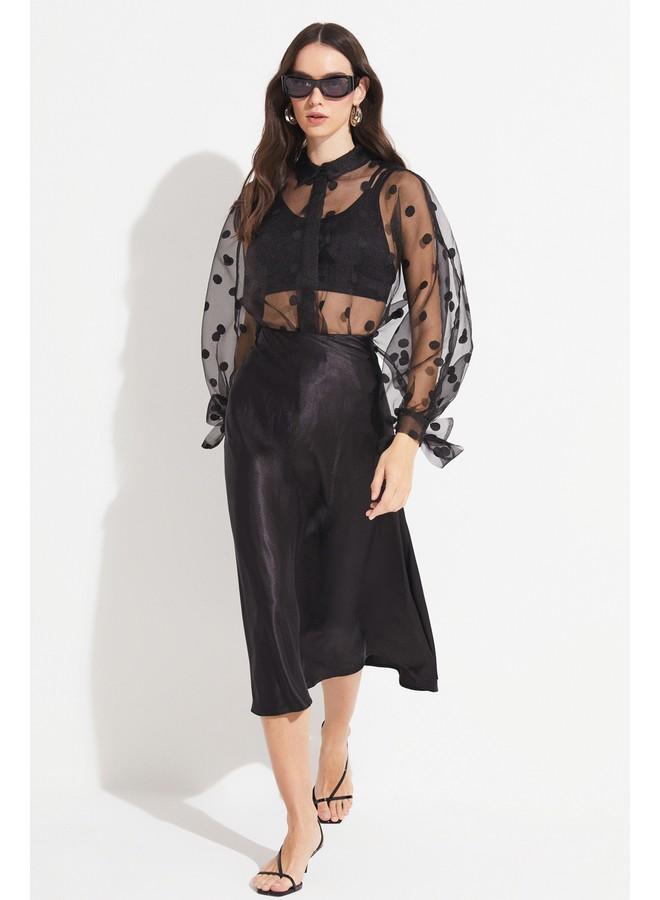 June Women Exclusive Regular Normal Fit Balloon Sleeve Black Transparent Polka Dot Detailed Shirt Black - Image 2