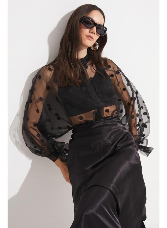 June Women Exclusive Regular Normal Fit Balloon Sleeve Black Transparent Polka Dot Detailed Shirt Black - Image 3