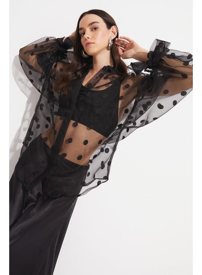 June Women Exclusive Regular Normal Fit Balloon Sleeve Black Transparent Polka Dot Detailed Shirt Black - Image 5