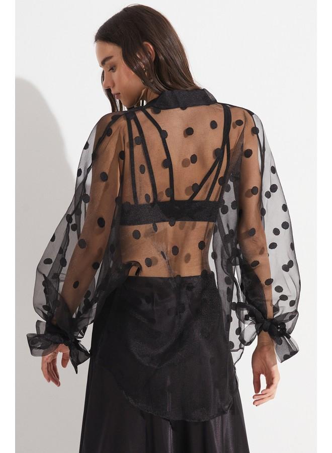 June Women Exclusive Regular Normal Fit Balloon Sleeve Black Transparent Polka Dot Detailed Shirt Black - Image 4