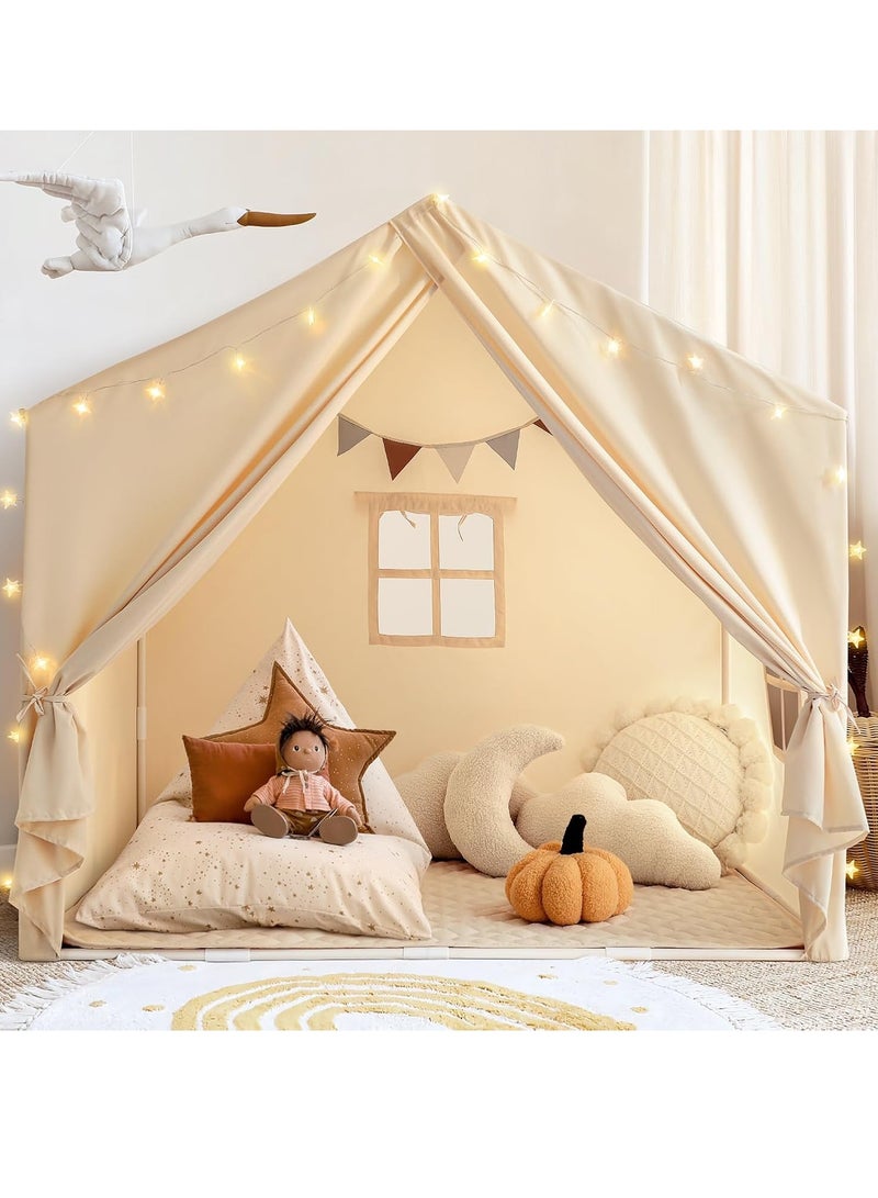 XICEN Kids Large Playhouse Play Tent with LED String Lights, Colorful Flags and Padded Mat, Boys Girls Castle Cottage, Indoors Outdoors Activity Center Reading Nook - Image 1