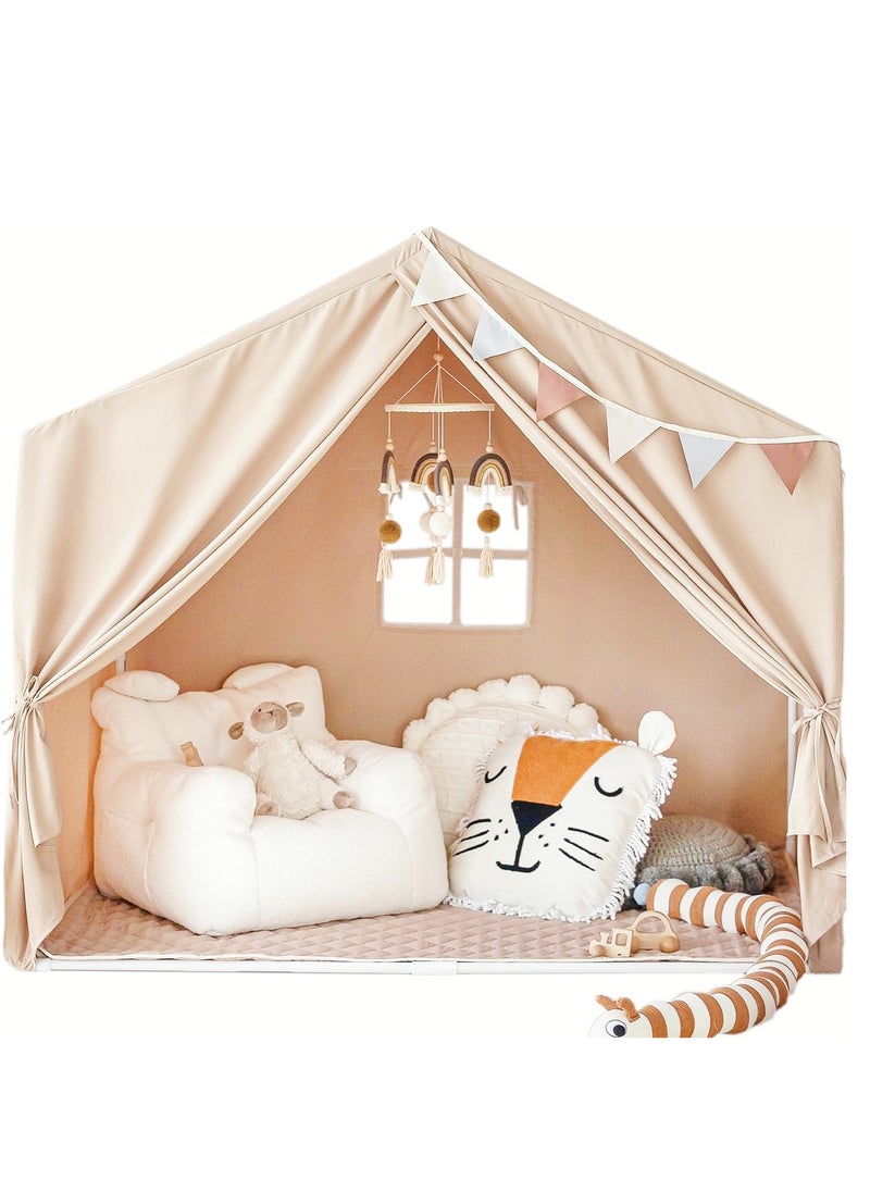 XICEN Kids Large Playhouse Play Tent with LED String Lights, Colorful Flags and Padded Mat, Boys Girls Castle Cottage, Indoors Outdoors Activity Center Reading Nook  - Image 1