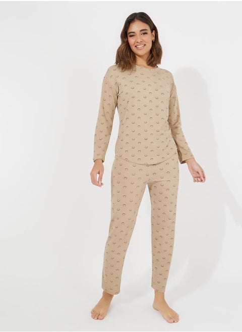 Smile Print Curved Hem Top & Pyjama Set