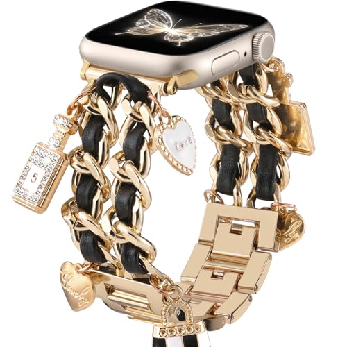 DaQin Stylish Metal Band Compatible with Apple Watch Band for Women 44mm 42mm 45mm 46mm,Pretty Chain Replacement Strap with Apple Watch Accessories Charms for iWatch Series 11 10 9 8 7 6 5 4 3 2 SE - Image 1