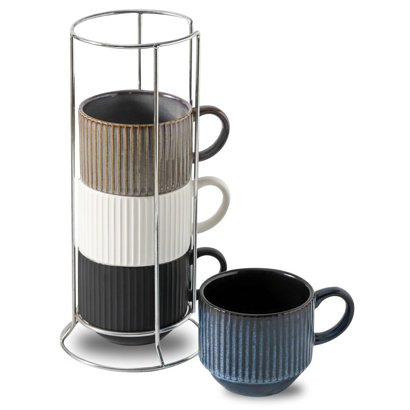 Tikooere Ceramic Coffee Mugs with Stand,15 Ounce Stackable Coffee Cups Set of 4 for Latte,Cappuccino,Mocha,Cocoa,Ribbed Vintage Coffee Cups for Men Women,Dishwasher & Microwave Safe,Striped Multicolor - Image 1