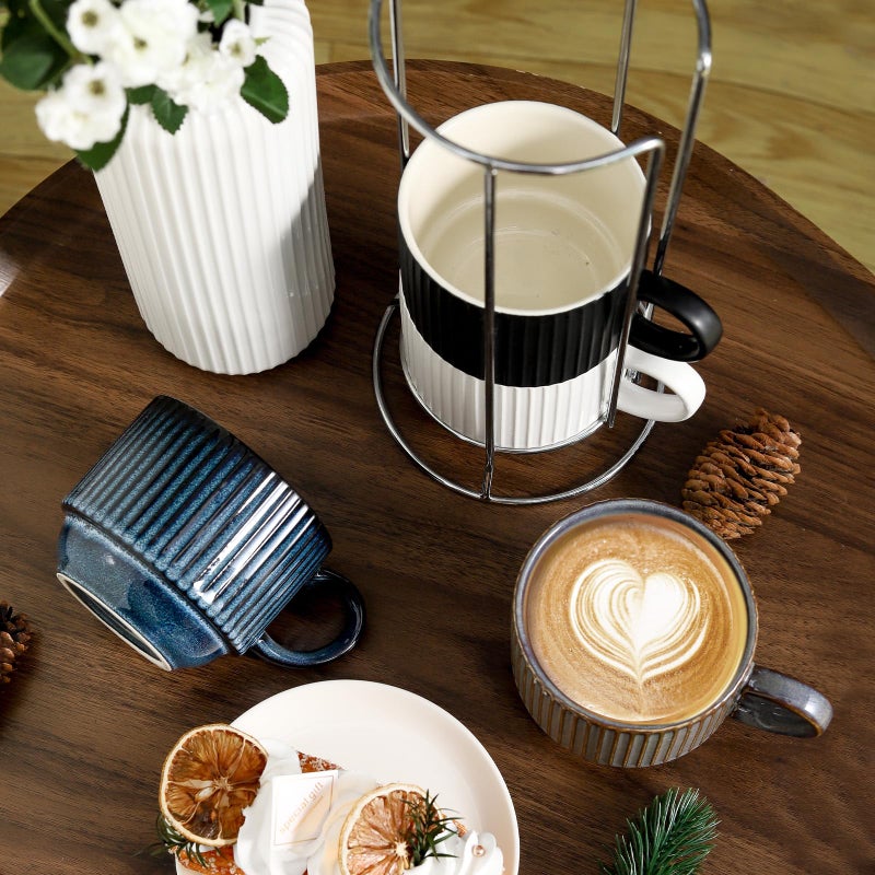 Tikooere Ceramic Coffee Mugs with Stand,15 Ounce Stackable Coffee Cups Set of 4 for Latte,Cappuccino,Mocha,Cocoa,Ribbed Vintage Coffee Cups for Men Women,Dishwasher & Microwave Safe,Striped Multicolor - Image 4