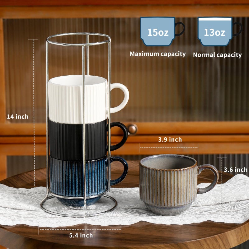 Tikooere Ceramic Coffee Mugs with Stand,15 Ounce Stackable Coffee Cups Set of 4 for Latte,Cappuccino,Mocha,Cocoa,Ribbed Vintage Coffee Cups for Men Women,Dishwasher & Microwave Safe,Striped Multicolor - Image 2