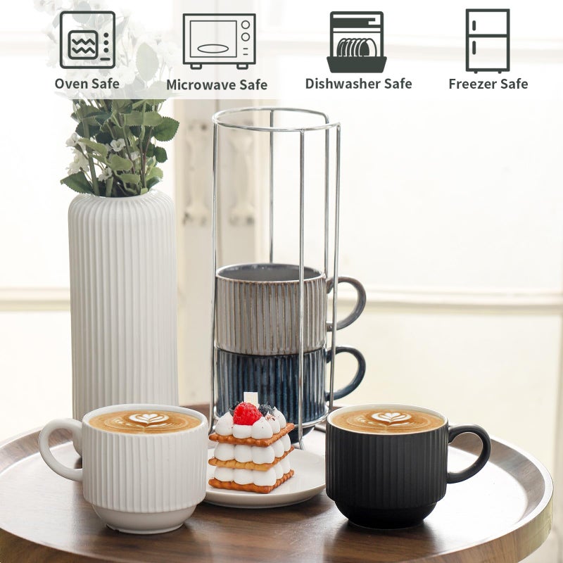 Tikooere Ceramic Coffee Mugs with Stand,15 Ounce Stackable Coffee Cups Set of 4 for Latte,Cappuccino,Mocha,Cocoa,Ribbed Vintage Coffee Cups for Men Women,Dishwasher & Microwave Safe,Striped Multicolor - Image 3