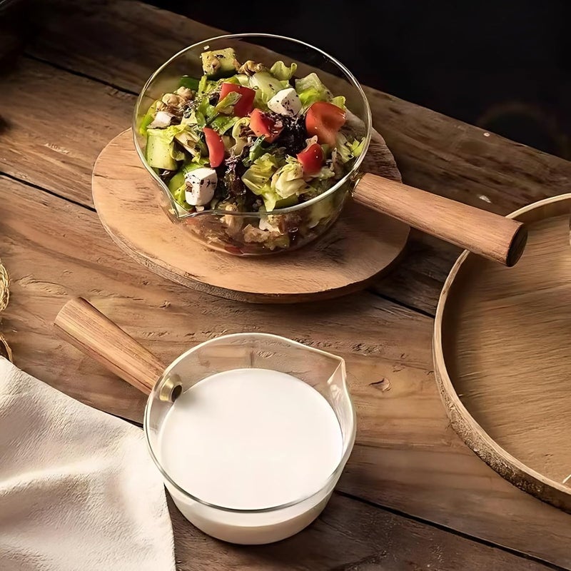 Borosilicate High Glass Pan 13.5 Fl Oz (400 Ml) for Stove Small, Heat-Resistant, Wooden Handle with Cooking Pot, Fruit Salad Bowl, Non-Breakable, Ideal for Boiling and Soup - Image 2