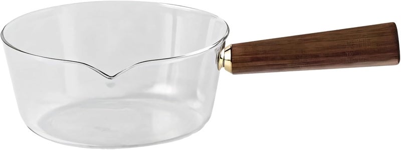 Borosilicate High Glass Pan 13.5 Fl Oz (400 Ml) for Stove Small, Heat-Resistant, Wooden Handle with Cooking Pot, Fruit Salad Bowl, Non-Breakable, Ideal for Boiling and Soup - Image 1
