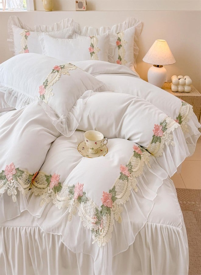 MOOWOO Floral Chic Lace Ruffled Bedding Set, 1 Duvet Cover + 2 Pillowcases Set,Girl French Princess Style Bedding-2 Piece Twin Duvet Cover with Zipper Closure -Ultra Soft and Light Weight-No Comforter - Image 1