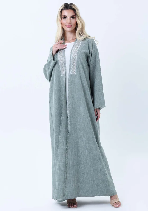 MSquare Fashion Sage Green Melange Linen Abaya with Intricate Lace Panel Detail