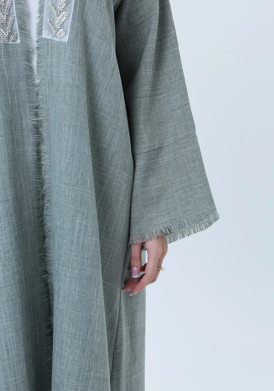MSquare Fashion Sage Green Melange Linen Abaya with Intricate Lace Panel Detail