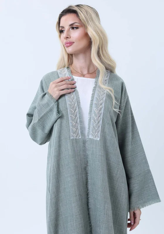 MSquare Fashion Sage Green Melange Linen Abaya with Intricate Lace Panel Detail