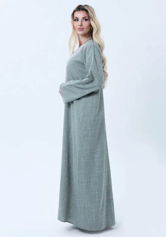 MSquare Fashion Sage Green Melange Linen Abaya with Intricate Lace Panel Detail