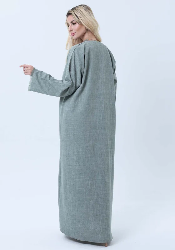 MSquare Fashion Sage Green Melange Linen Abaya with Intricate Lace Panel Detail