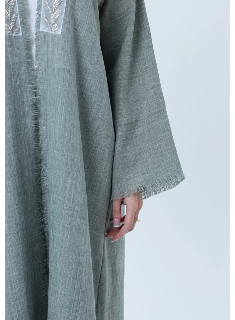 MSquare Fashion  Sage Green Melange Linen Abaya with Intricate Lace Panel Detail for Women | Best Price UAE