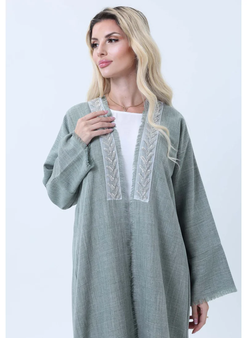 MSquare Fashion  Sage Green Melange Linen Abaya with Intricate Lace Panel Detail for Women | Best Price UAE