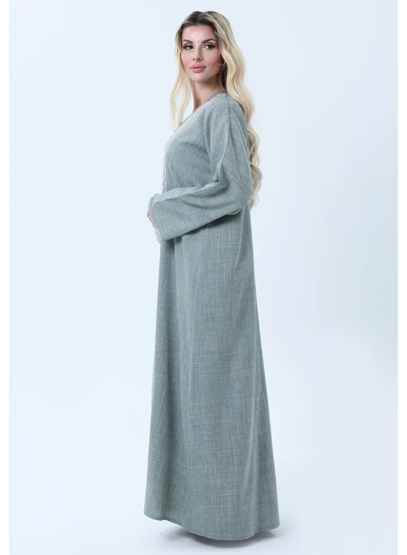 MSquare Fashion Sage Green Melange Linen Abaya with Intricate Lace Panel Detail