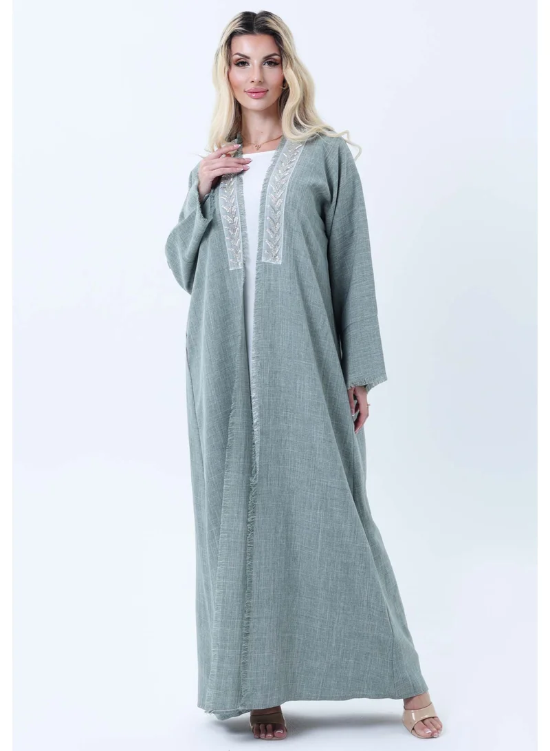 Sage Green Melange Linen Abaya with Intricate Lace Panel Detail