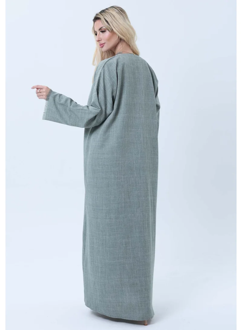 MSquare Fashion  Sage Green Melange Linen Abaya with Intricate Lace Panel Detail for Women | Best Price UAE