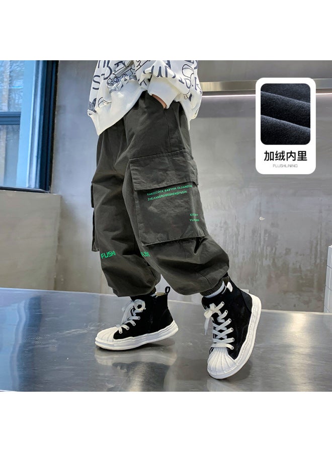 One-piece Fleece Children's Pants Boys' Cargo Pants Winter  New Children's Fleece-lined Thickened Pants For Older Children Casual Pants