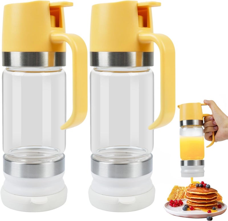 Ecopandy Honey Dispenser No Drip with Stand, 12 OZ Glass Honey Jar, Syrup Dispenser, Easy One Hand Use Honey Pot for Coffee or Tea, Mess Free Honey Dispenser for Syrup, Honey Container (2PCS Yellow) - Image 1