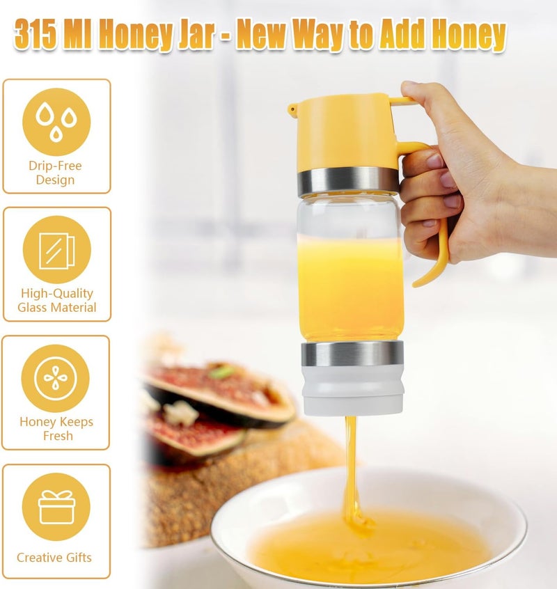 Ecopandy Honey Dispenser No Drip with Stand, 12 OZ Glass Honey Jar, Syrup Dispenser, Easy One Hand Use Honey Pot for Coffee or Tea, Mess Free Honey Dispenser for Syrup, Honey Container (2PCS Yellow) - Image 2