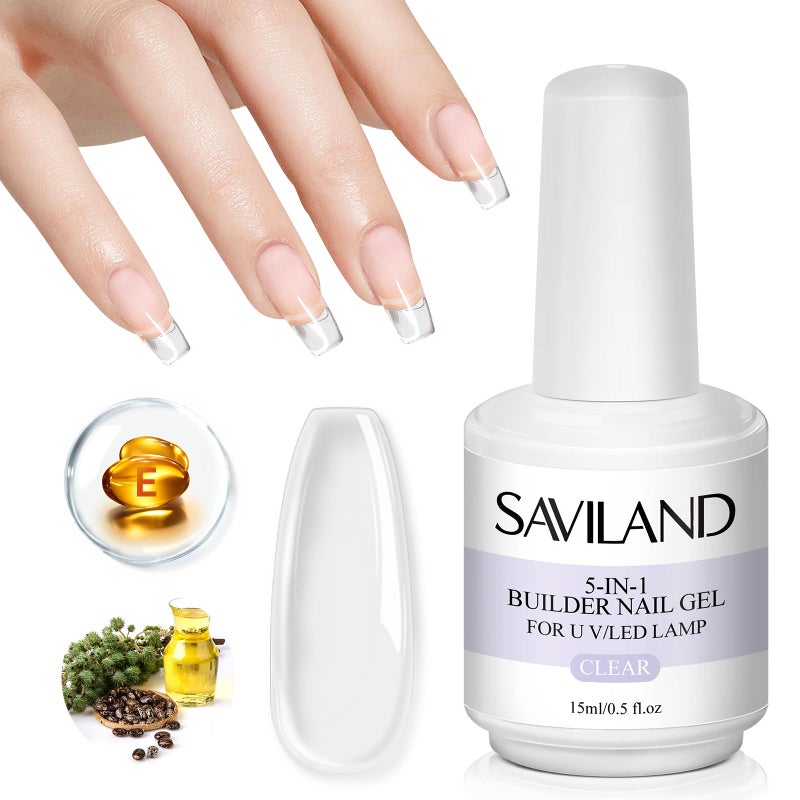 SAVILAND 5 in 1 Clear Builder Nail Gel - 15ml Quick Building Nail Strengthener Gel Castor Oil Vitamin E Builder Nail Gel in a Bottle for Damage Nail Repair Nail Extension Nail Decoration Professionals - Image 1