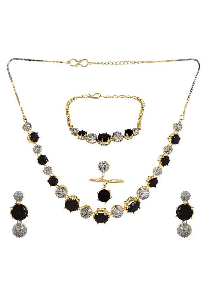 YouBella Jewellery Set for Women American Diamond Combo of Necklace Set with Earrings, Bracelet and Ring for Girls and Women (Black) - Image 1