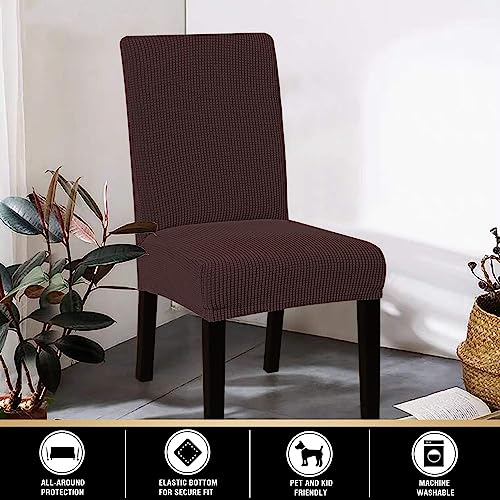 Lukzer Elastic Dining Chair Cover - 6PC Textured Brown Checked | Soft Touch Universal Elastic Stretchable Jacquard Fabric Seat Cover | Removable Washable Short Dining Chair Cover Protector Seat Cover - Image 2
