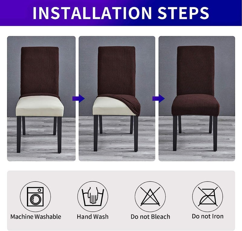 Lukzer Elastic Dining Chair Cover - 6PC Textured Brown Checked | Soft Touch Universal Elastic Stretchable Jacquard Fabric Seat Cover | Removable Washable Short Dining Chair Cover Protector Seat Cover - Image 3