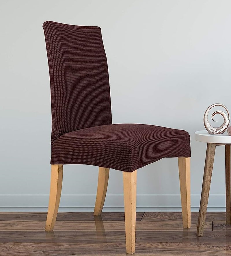 Lukzer Elastic Dining Chair Cover - 6PC Textured Brown Checked | Soft Touch Universal Elastic Stretchable Jacquard Fabric Seat Cover | Removable Washable Short Dining Chair Cover Protector Seat Cover - Image 1