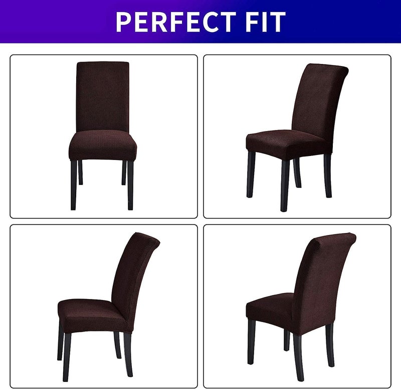 Lukzer Elastic Dining Chair Cover - 6PC Textured Brown Checked | Soft Touch Universal Elastic Stretchable Jacquard Fabric Seat Cover | Removable Washable Short Dining Chair Cover Protector Seat Cover - Image 5