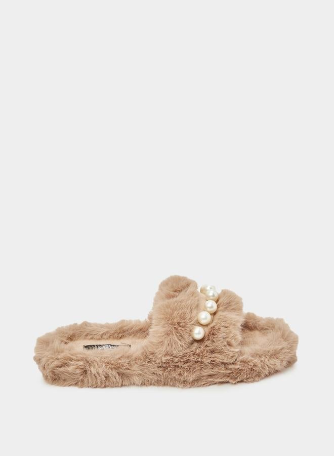 Closet Pearl Detail Faux Fur Bedroom Slippers - Image 1