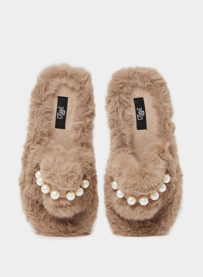 Closet Pearl Detail Faux Fur Bedroom Slippers - Image 3