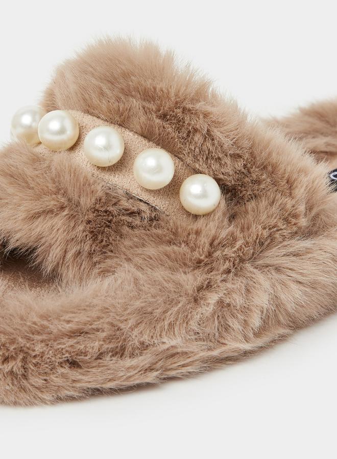Closet Pearl Detail Faux Fur Bedroom Slippers - Image 5