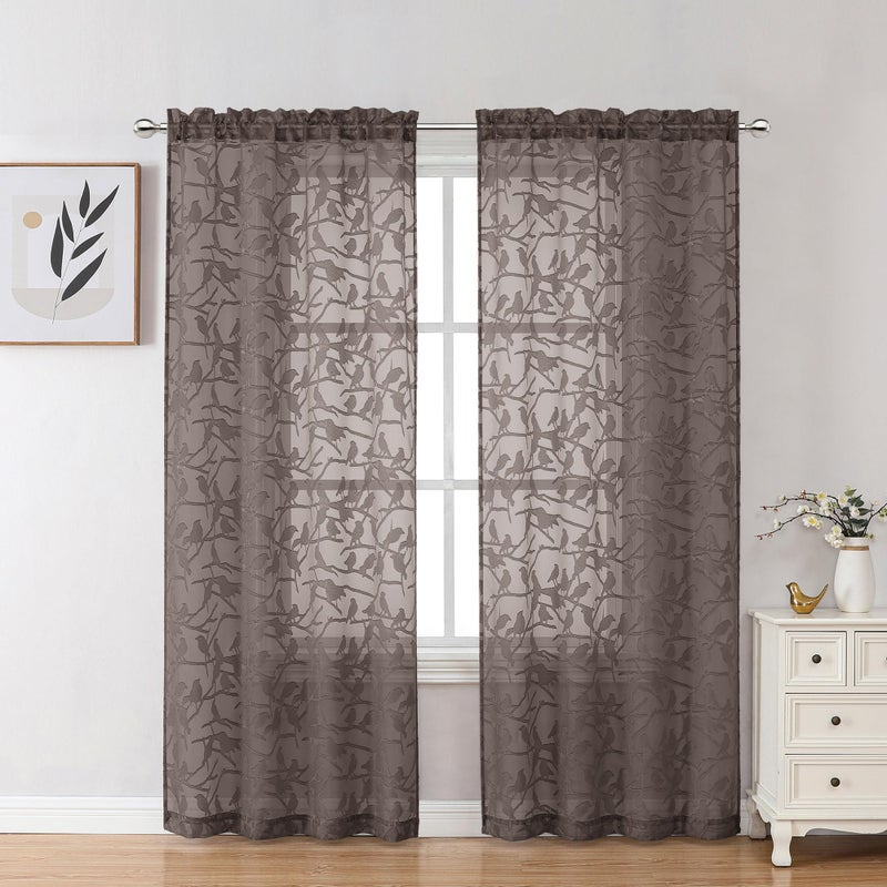 OVZME Anji 2 Panels Brown Voile Sheer Curtains 72 inch Length for Bedroom  Dual Rod Pocket Lightweight & Breathable Fabric Sheer Black Curtain Window Treatment  Anji Birds Clip Jacquard  38W x 72L - Image 2