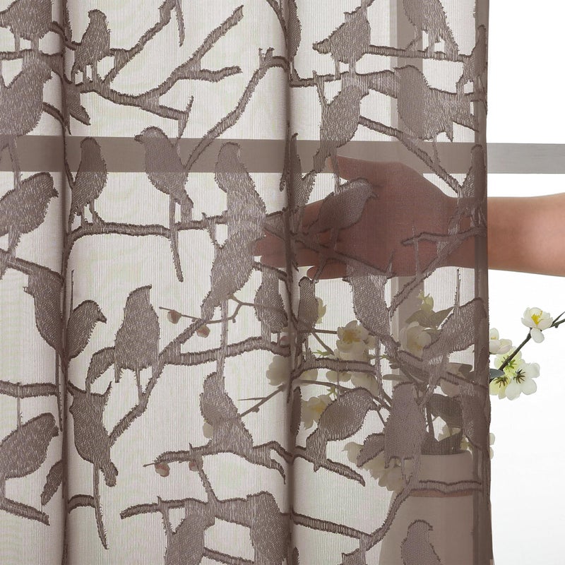 OVZME Anji 2 Panels Brown Voile Sheer Curtains 72 inch Length for Bedroom  Dual Rod Pocket Lightweight & Breathable Fabric Sheer Black Curtain Window Treatment  Anji Birds Clip Jacquard  38W x 72L - Image 5