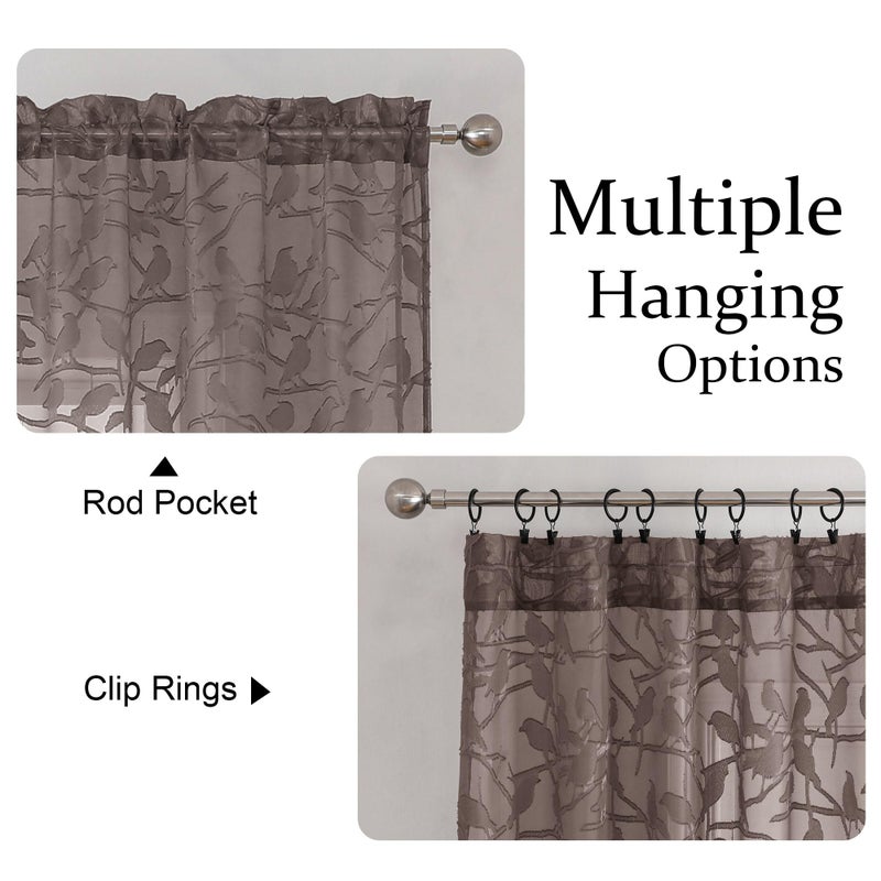 OVZME Anji 2 Panels Brown Voile Sheer Curtains 72 inch Length for Bedroom  Dual Rod Pocket Lightweight & Breathable Fabric Sheer Black Curtain Window Treatment  Anji Birds Clip Jacquard  38W x 72L - Image 3