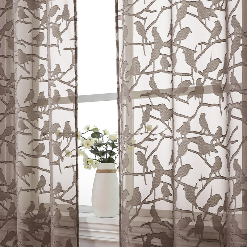 OVZME Anji 2 Panels Brown Voile Sheer Curtains 72 inch Length for Bedroom  Dual Rod Pocket Lightweight & Breathable Fabric Sheer Black Curtain Window Treatment  Anji Birds Clip Jacquard  38W x 72L - Image 1