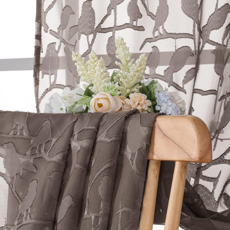OVZME Anji 2 Panels Brown Voile Sheer Curtains 72 inch Length for Bedroom  Dual Rod Pocket Lightweight & Breathable Fabric Sheer Black Curtain Window Treatment  Anji Birds Clip Jacquard  38W x 72L - Image 4