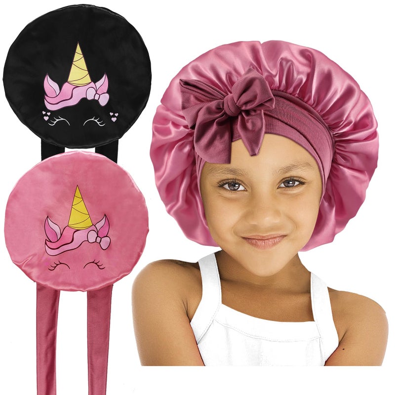 Bgtecho Kids Satin Silk Hair Bonnet Cute Pattern Soft Elastic Wide Band Pink Black